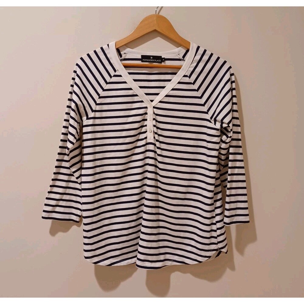 Pomander Place Top Navy Stripe 3/4 Sleeve V Neck Cotton Tuckernuck Henley Size M